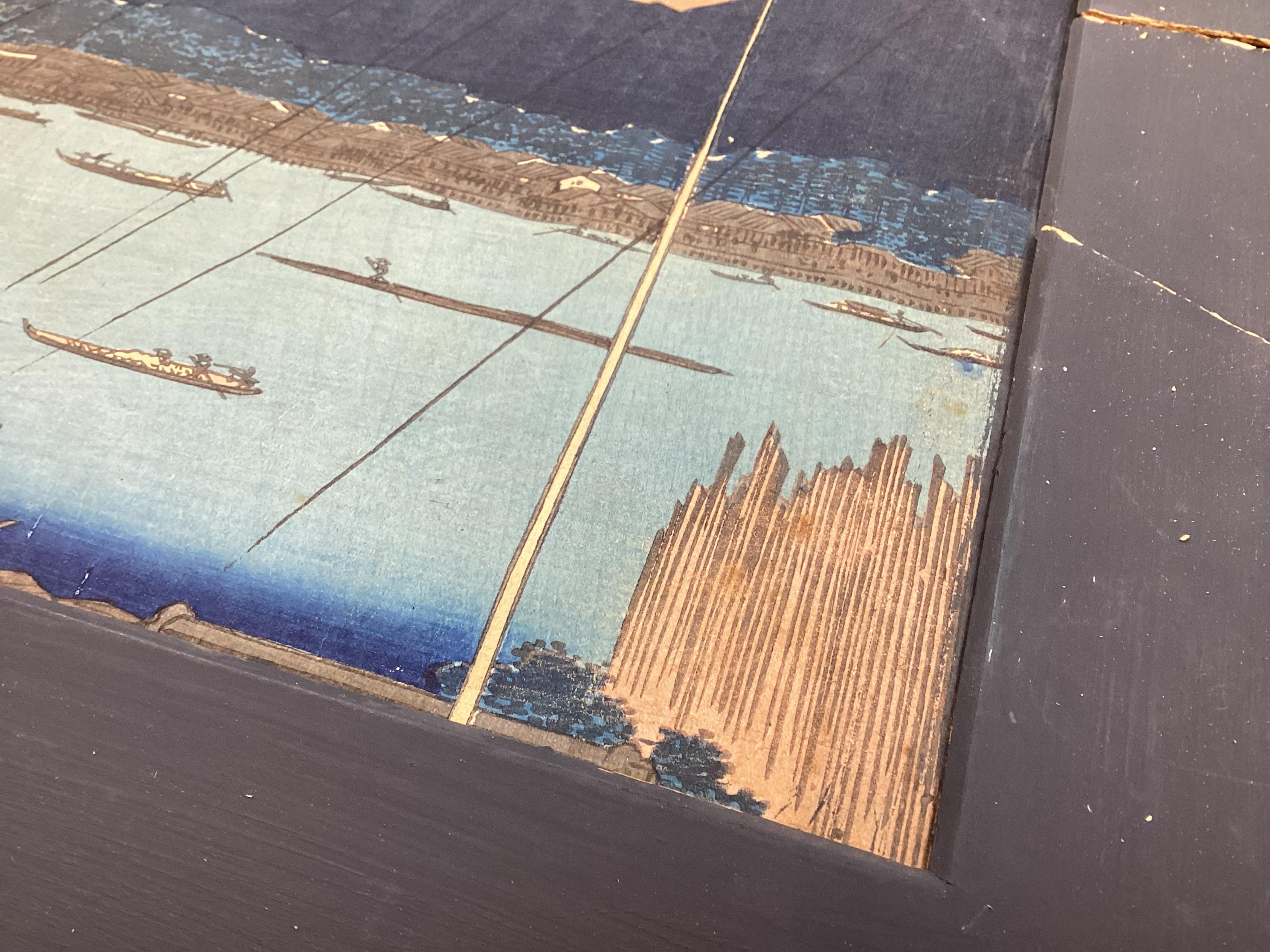 After Utagawa Hiroshige , Komagata Hall & Azumja Bridge and Ushimachi Takanawa, Two woodblock prints, 33.5cm x 22cm